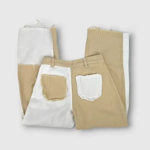 Princess Polly Patchwork Two-Tone Cropped Jeans Raw Hem Cotton Size 4 - Picture 6 of 8